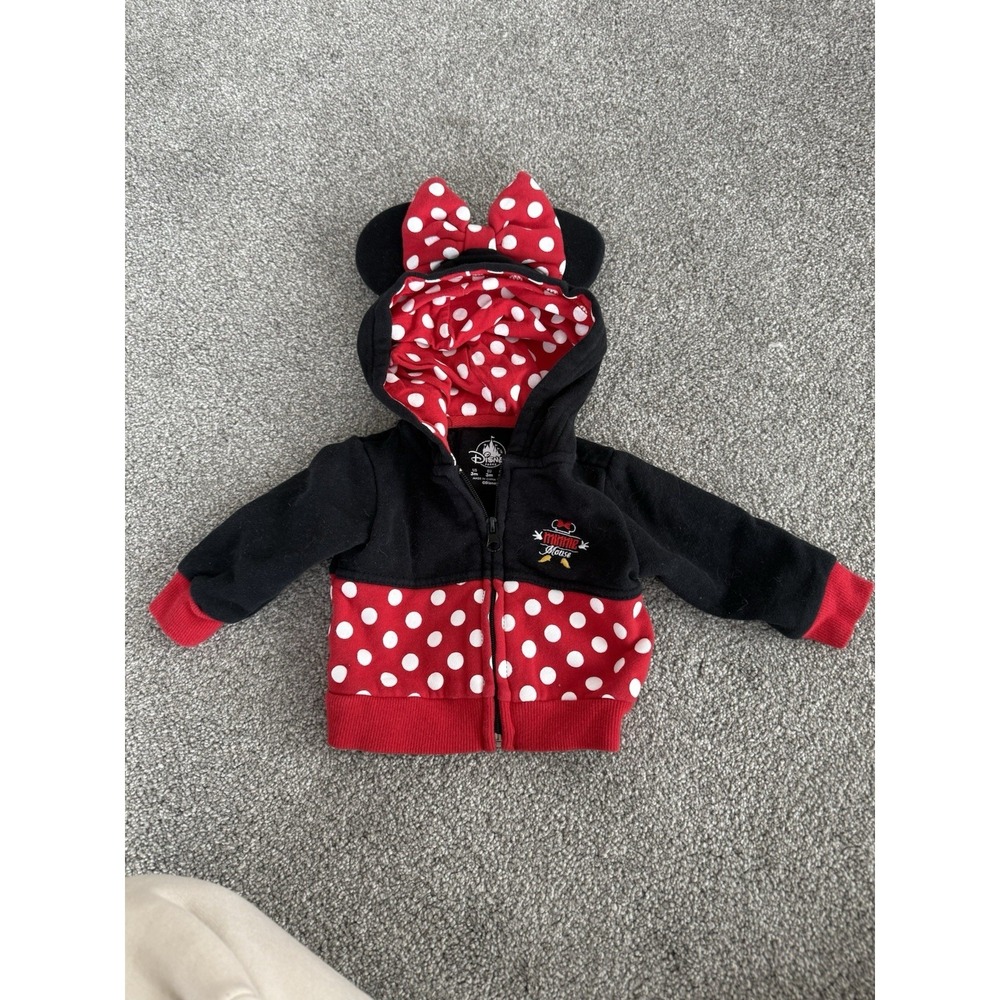 Disney Parks Minnie Mouse Hoodie W/Ears & Bow Full Zip-Up Sweatshirt Size 3M